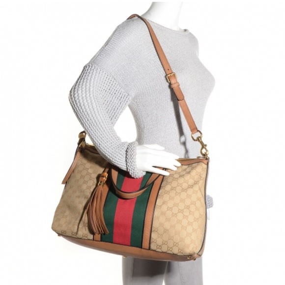 Gucci Rania Monogram GG Web Convertible Satchel Tote Crossbody Bag in Khaki - Picture 17 of 17